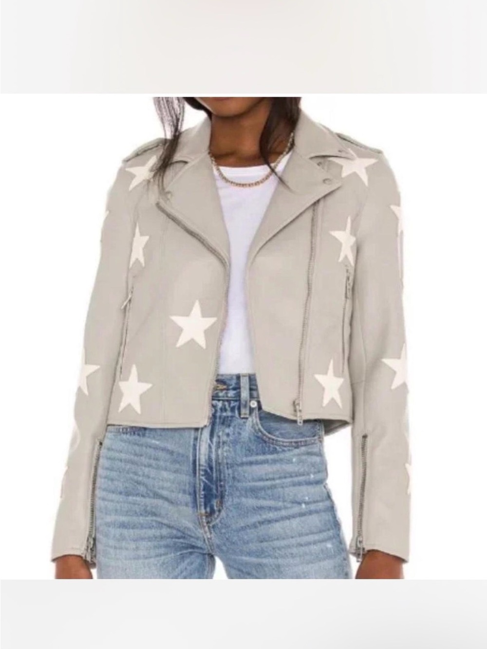 Blank NYC Light Gray Star-Print Cropped Leather Moto Jacket
